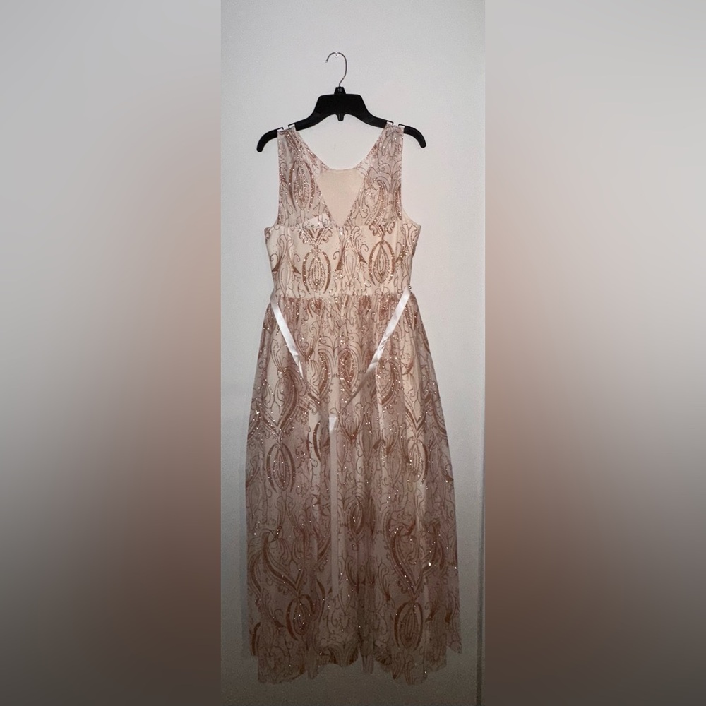 Rose gold formal dress.